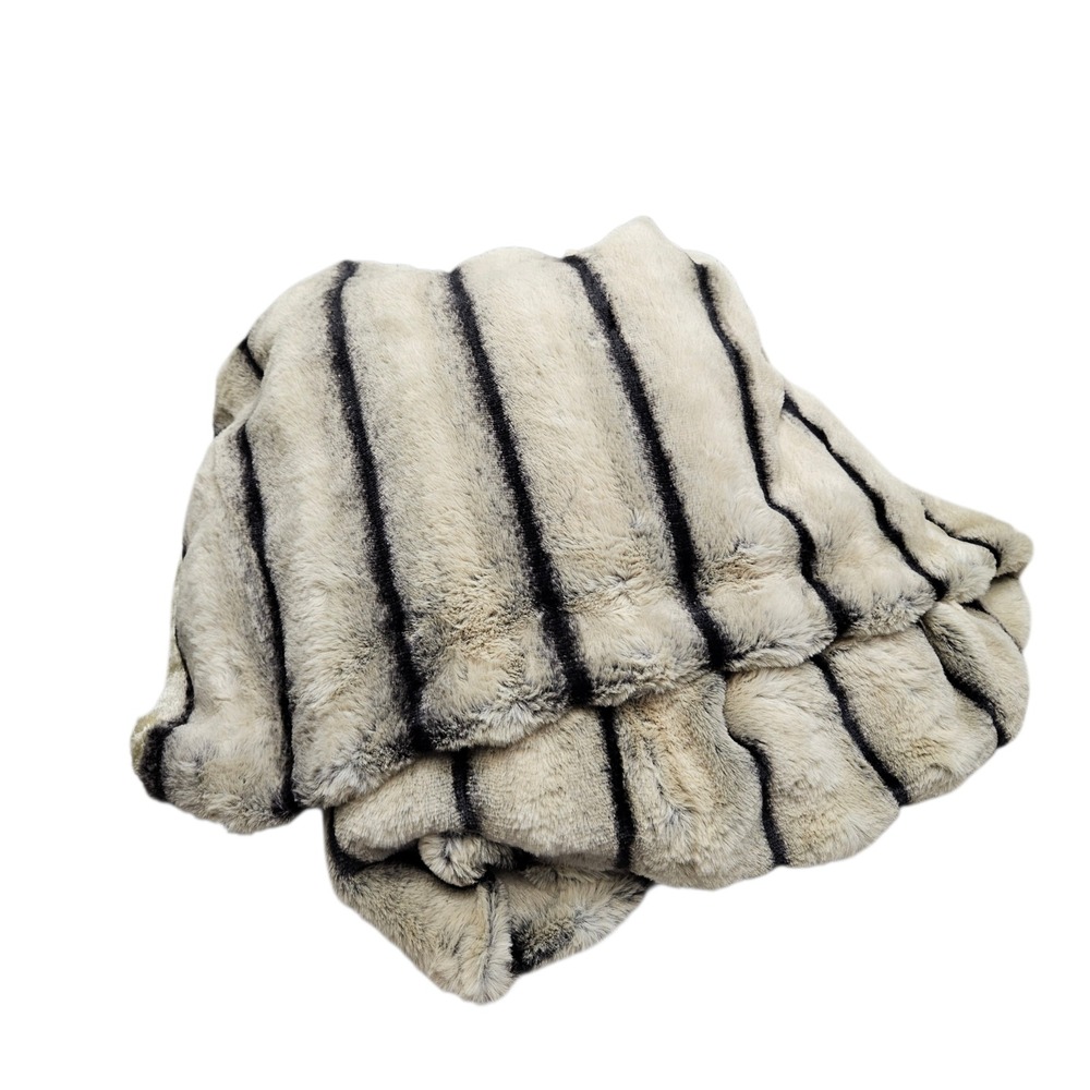 NWOT Faux Rabbit Fur Throw Blanket Unisex Cream Striped Plush Cozy Decor 50"x60"